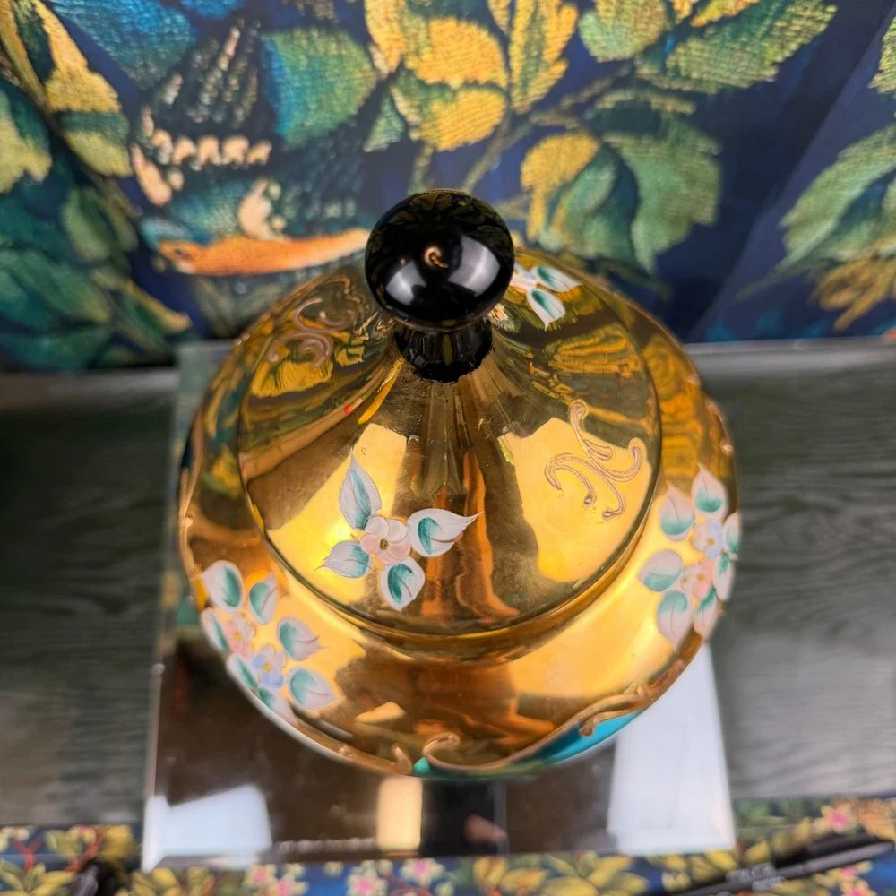 Vintage Venetian Murano Glass Compote Green Gold Hand Painted Floral‎ Candy Dish